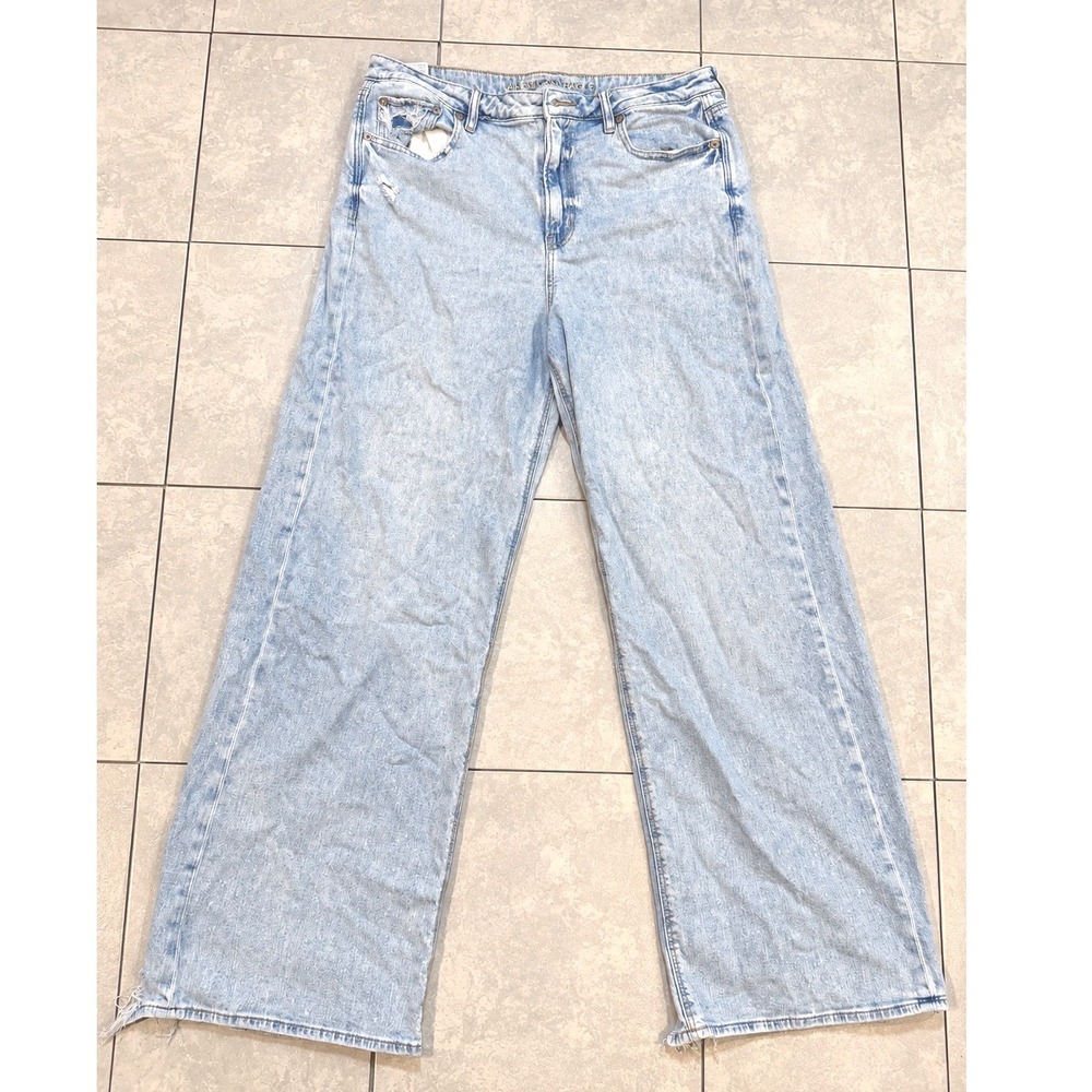 American Eagle Jeans Womens 12 Long Wide Leg Baggy Distressed Stretch Light Wash